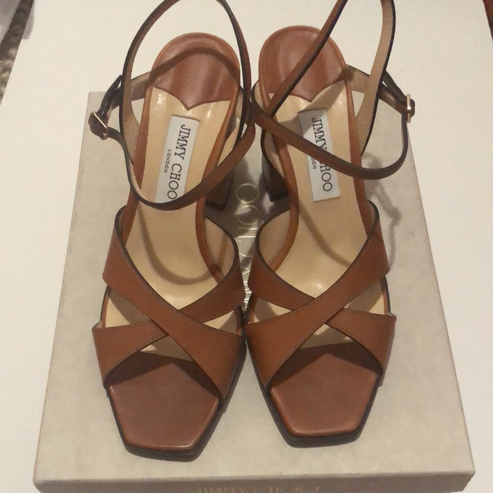 Jimmy Choo Brown Leather Block Heels - Picture 2 of 7